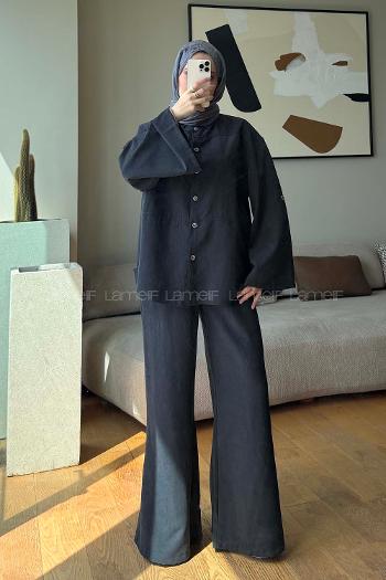 Black Shirt Collar Long Arm Buttoned Polyester Naylon Regular Trousers Suit