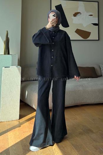 Black Shirt Collar Long Arm Buttoned Polyester Naylon Regular Trousers Suit