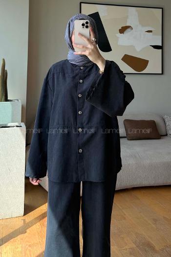 Black Shirt Collar Long Arm Buttoned Polyester Naylon Regular Trousers Suit