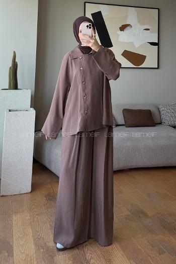Brown Shirt Collar Long Arm Buttoned Polyester Regular Trousers Suit
