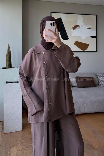 Brown Shirt Collar Long Arm Buttoned Polyester Regular Trousers Suit