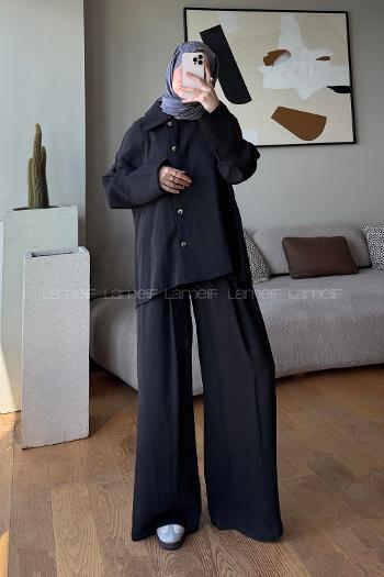 Black Shirt Collar Long Arm Buttoned Polyester Regular Trousers Suit