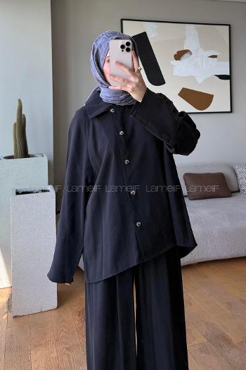 Black Shirt Collar Long Arm Buttoned Polyester Regular Trousers Suit