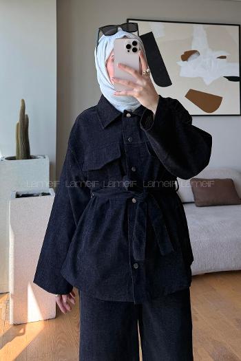 Black Shirt Collar Long Arm Buttoned Cotton Regular Trousers Suit
