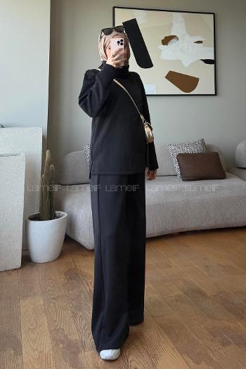 Black Neckband Long Arm Regular Trousers Suit