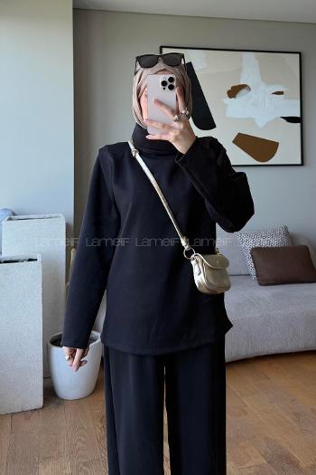 Black Neckband Long Arm Regular Trousers Suit