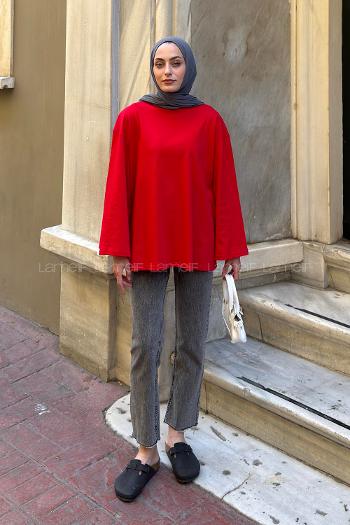 Lamelif Bisiklet Yaka Basic Bluz Kırmızı