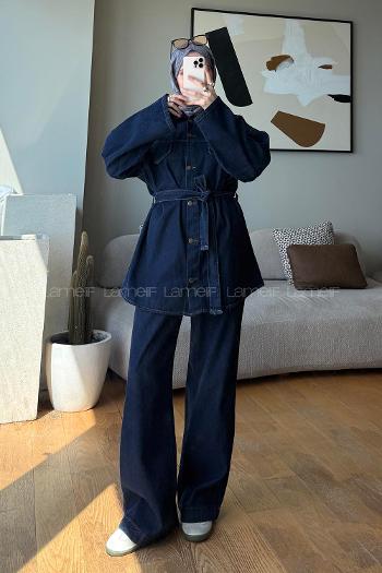 Navy Blue Shirt Collar Long Arm Buttoned Regular Trousers Suit