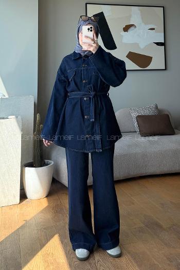 Navy Blue Shirt Collar Long Arm Buttoned Regular Trousers Suit