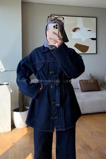 Navy Blue Shirt Collar Long Arm Buttoned Regular Trousers Suit