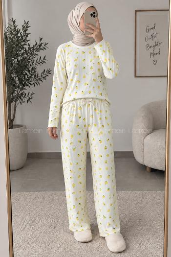 Lamelif Limon Desenli Kaşkorse Pijama Takımı