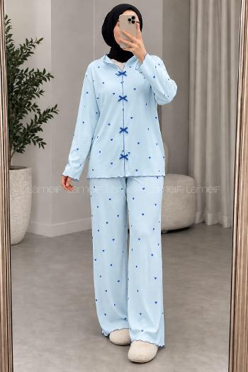 Lamelif Mavi Kalp Desenli Fiyonk Detaylı Pijama Takımı