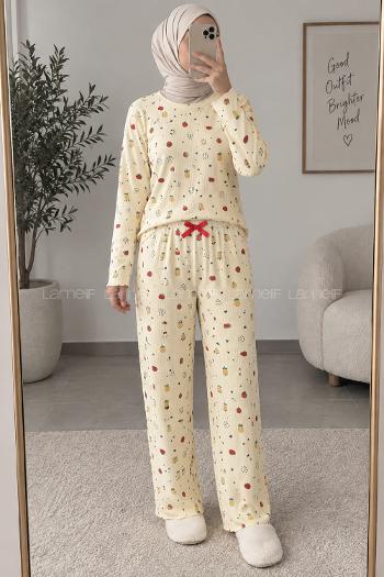 Lamelif Meryve Desenli Kaşkorse Pijama Takımı