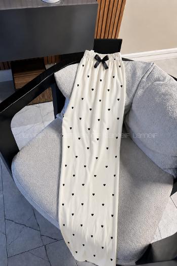 Lamelif Milan Kumaş Siyah Kalp Desenli Pijama Altı