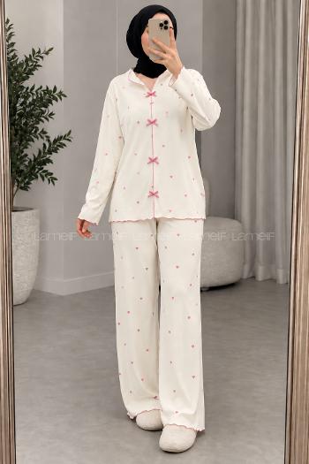 Lamelif Pembe Kalp Desenli Fiyonk Detaylı Pijama Takımı