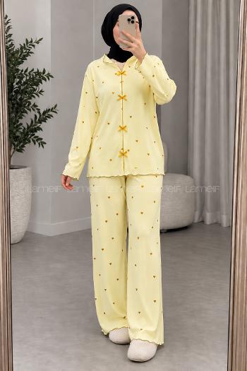 Lamelif Sarı Kalp Desenli Fiyonk Detaylı Pijama Takımı