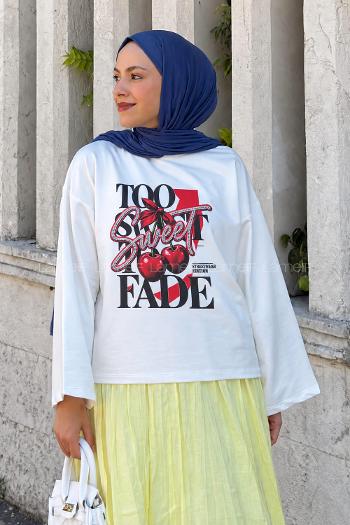 Lamelif Basic Oversize Cherry Sweet Baskılı Bluz Beyaz