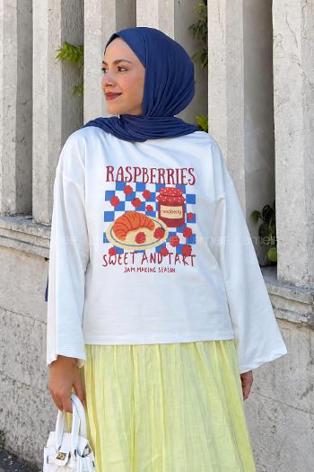 Lamelif Basic Oversize Raspberry Picnic Baskılı Bluz Beyaz