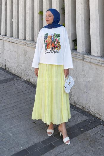 Lamelif Basic Oversize Yaz Esintisi Baskılı Bluz Beyaz