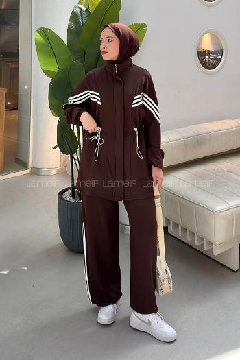Brown Neckband Long Arm Belted Viscose Fabric Lycra Regular Trousers Suit