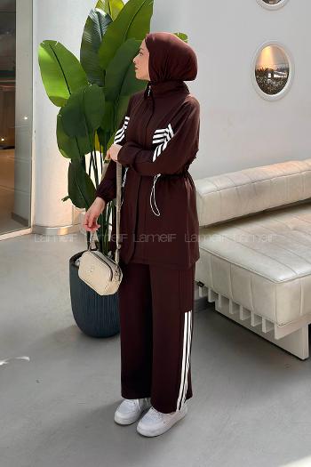 Brown Neckband Long Arm Belted Viscose Fabric Lycra Regular Trousers Suit