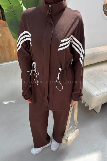 Brown Neckband Long Arm Belted Viscose Fabric Lycra Regular Trousers Suit