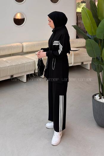 Black Neckband Long Arm Belted Viscose Fabric Lycra Regular Trousers Suit