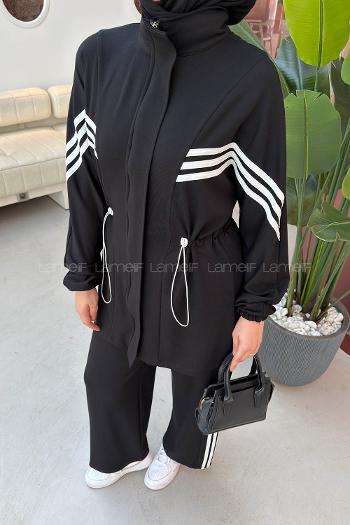 Black Neckband Long Arm Belted Viscose Fabric Lycra Regular Trousers Suit