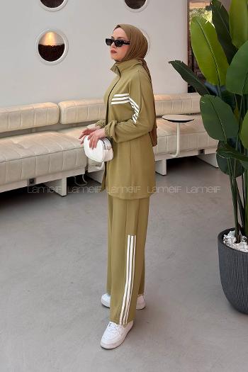 Oil Green Neckband Long Arm Belted Viscose Fabric Lycra Regular Trousers Suit