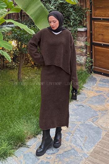 Lamelif Etekli Triko Takım Acı Kahve