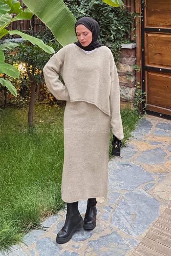 Lamelif Etekli Triko Takım Bej