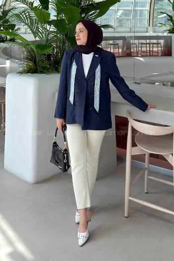 Navy Blue Jacket Collar Long Arm Linen Jacket