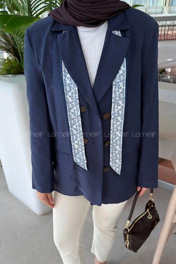 Navy Blue Jacket Collar Long Arm Linen Jacket