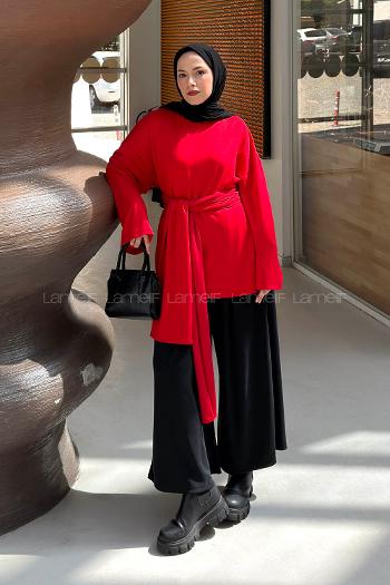 Lamelif Kemer Bağlamalı Tunik Kırmızı