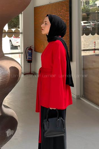Lamelif Kemer Bağlamalı Tunik Kırmızı