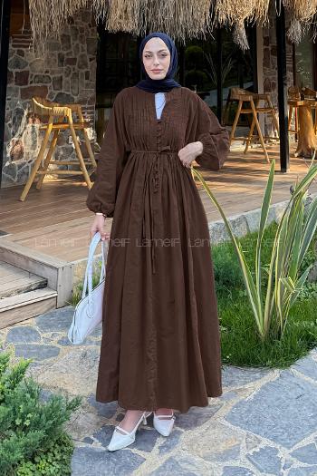 Lamelif Nervürlü Vual Tesettür Elbise Acı Kahve