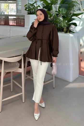 Lamelif Pilili Düğme İliklemeli Gömlek Kahverengi