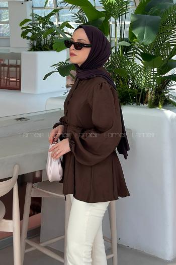 Lamelif Pilili Düğme İliklemeli Gömlek Kahverengi
