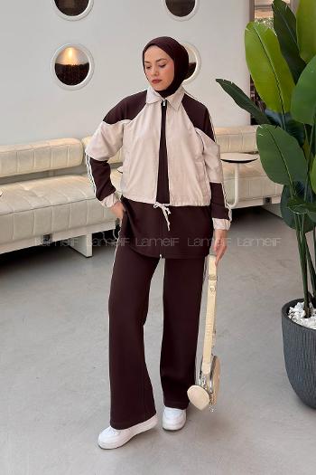 Brown Shirt Collar Long Arm Belted Cotton Fabric Regular Trousers Suit