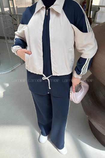 Navy Blue Shirt Collar Long Arm Belted Cotton Fabric Regular Trousers Suit