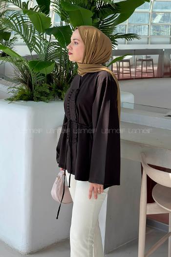 Lamelif V Yaka Şık Düğme Detaylı Tunik Acı Kahve
