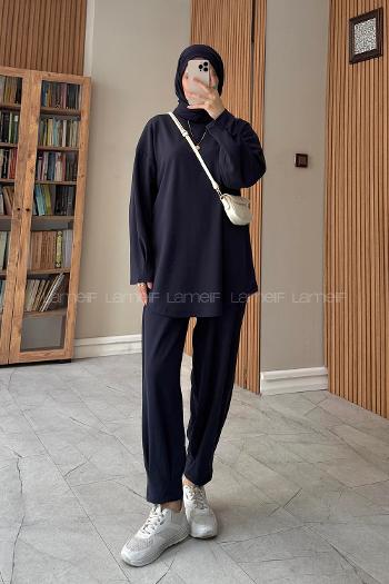 Navy Blue Crew Neck Long Arm Without Accessories Modal Narrow Leg Suit