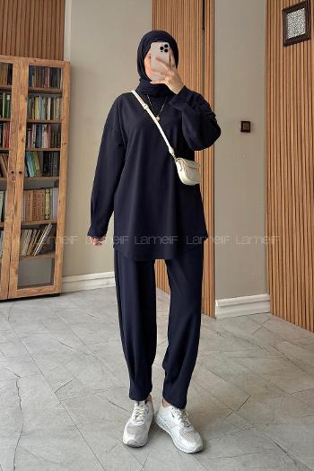 Navy Blue Crew Neck Long Arm Without Accessories Modal Narrow Leg Suit