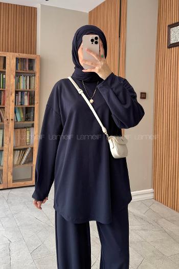 Navy Blue Crew Neck Long Arm Without Accessories Modal Narrow Leg Suit