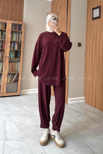 Plum Crew Neck Long Arm Without Accessories Modal Narrow Leg Suit