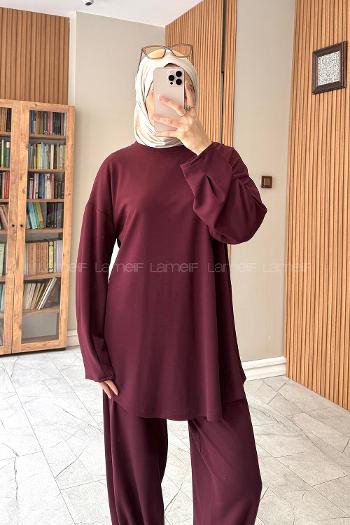 Plum Crew Neck Long Arm Without Accessories Modal Narrow Leg Suit
