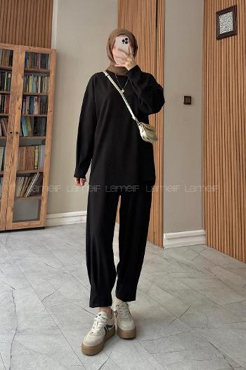 Black Crew Neck Long Arm Without Accessories Modal Narrow Leg Suit