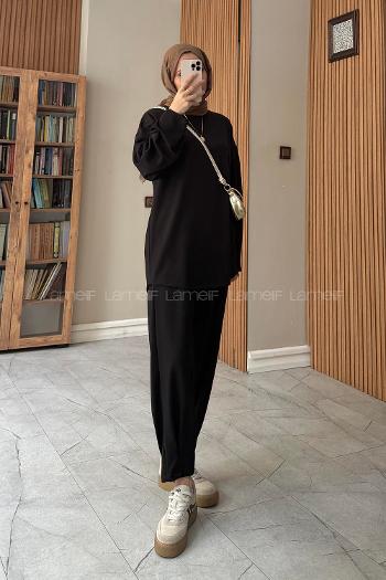Black Crew Neck Long Arm Without Accessories Modal Narrow Leg Suit
