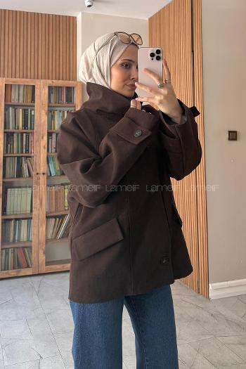 Lamelif Dik Yaka Kolları Kemerli Kaban Kahverengi