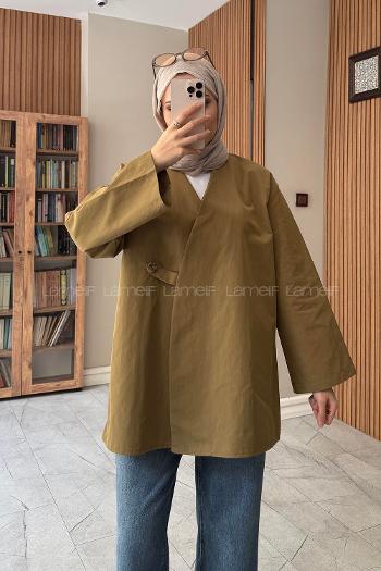 Lamelif Geniş V Yaka Düğme İlikleme Detaylı Ceket Yağ Yeşili